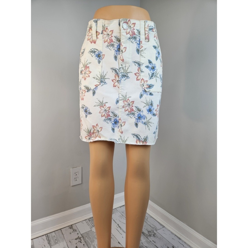 Seven7 Utility Denim Mini Skirt Floral Print Raw Hem Size 8 Tiger Lily